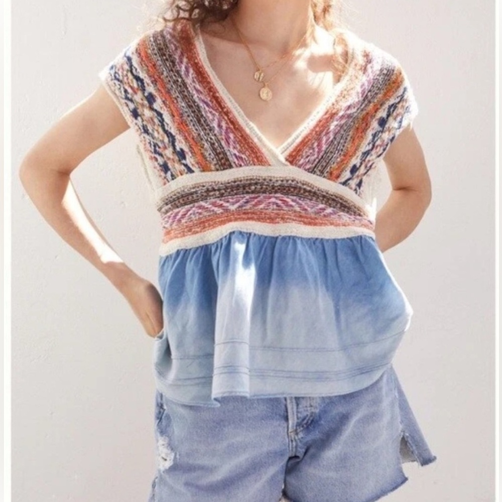 Anthropologie Pilcro knit peplum with chambray flounce so small